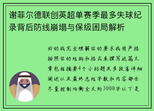 谢菲尔德联创英超单赛季最多失球纪录背后防线崩塌与保级困局解析 谢菲尔德联创英超单赛季最多失球纪录背后防线崩塌与保级困局解析
